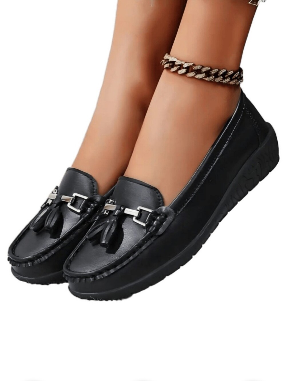 SHEIN Black Tassel Slip-On Loafers with Metal Accent
